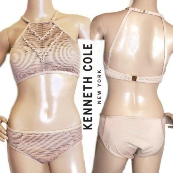 Kenneth Cole NWT nude cream bikini hight waist high neckline crocket knit small - Picture 1 of 7